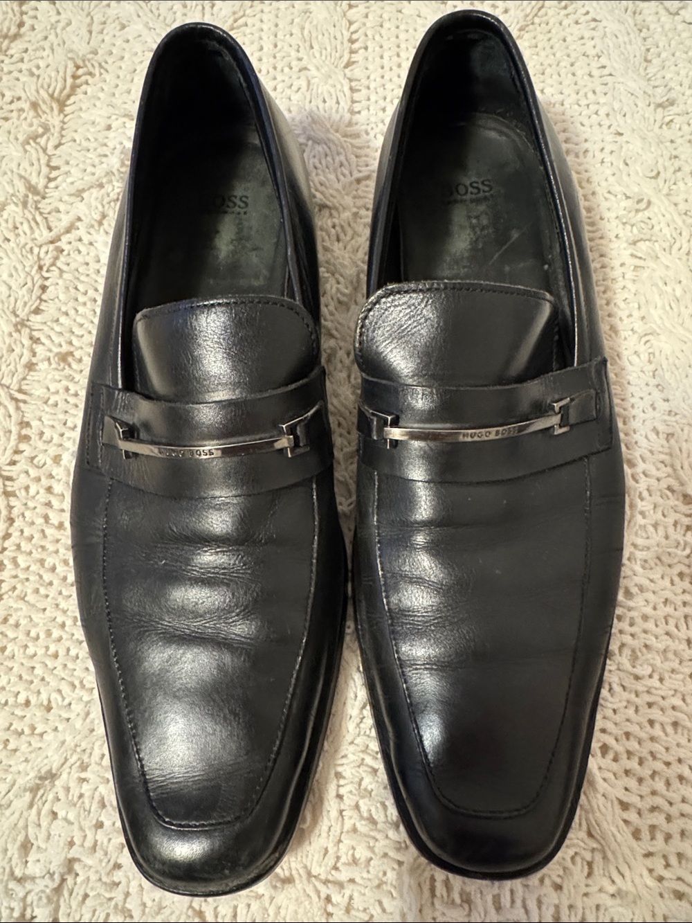 HUGO BOSS Black Leather Slip-On Loafers with Metal Bit